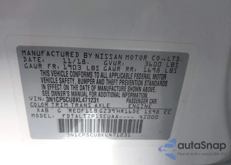 2019 Nissan Kicks Sv z USA, uszkodzony, nr VIN 3N1CP5CU8KL471231